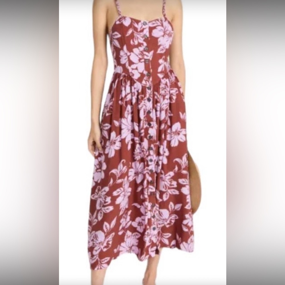 Free People Red and Light Pink Floral Button-Front Midi Dress